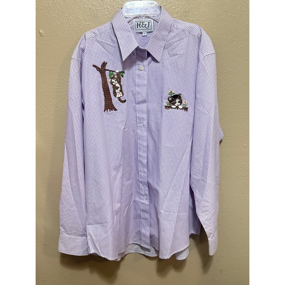 H&J Womens Gingham Button Down Shirt with Kitten Embroidery -‎ Lavender